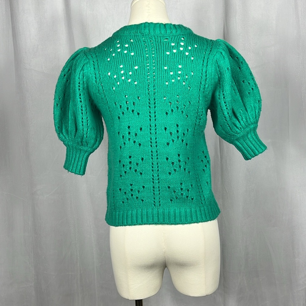 For Love And Lemons Emerald Green Scoop Neck Pointelle Puff Sleeve Sweater - Picture 5 of 9